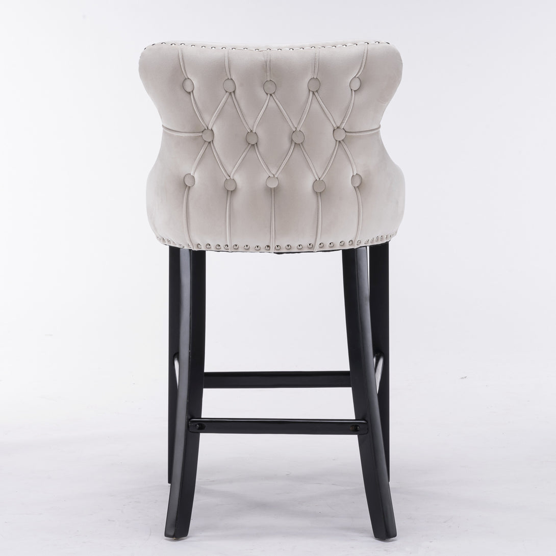 2pcs Chrome Accent Wingback Bar Stools Tufted Velvet with Nailhead and Black Legs- Beige_6