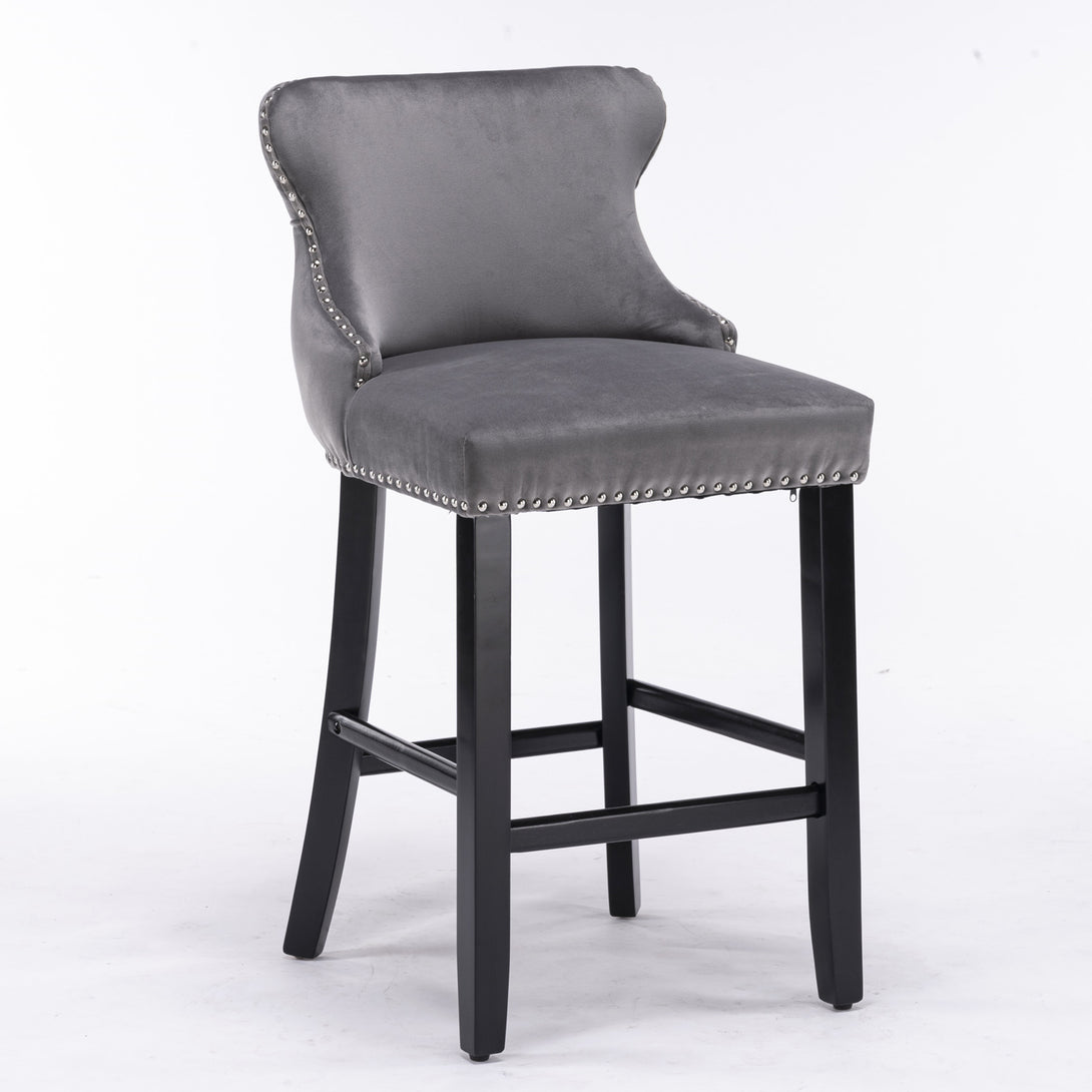 2pcs Chrome Accent Wingback Bar Stools Tufted Velvet with Nailhead and Black Legs- Grey_3