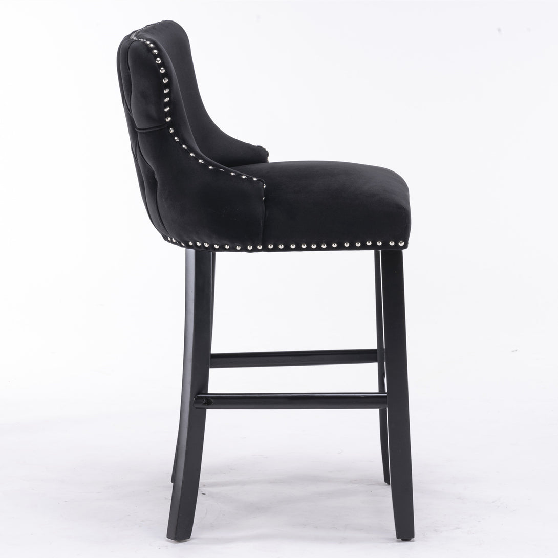 2pcs Chrome Accent Wingback Bar Stools Tufted Velvet with Nailhead and Black Legs- Black_4