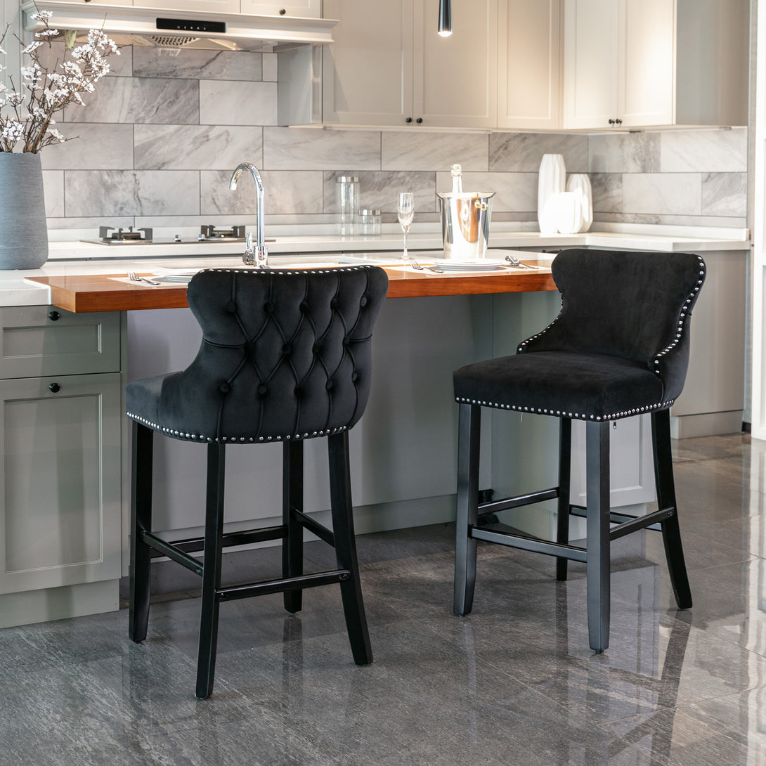 2pcs Chrome Accent Wingback Bar Stools Tufted Velvet with Nailhead and Black Legs- Black_1