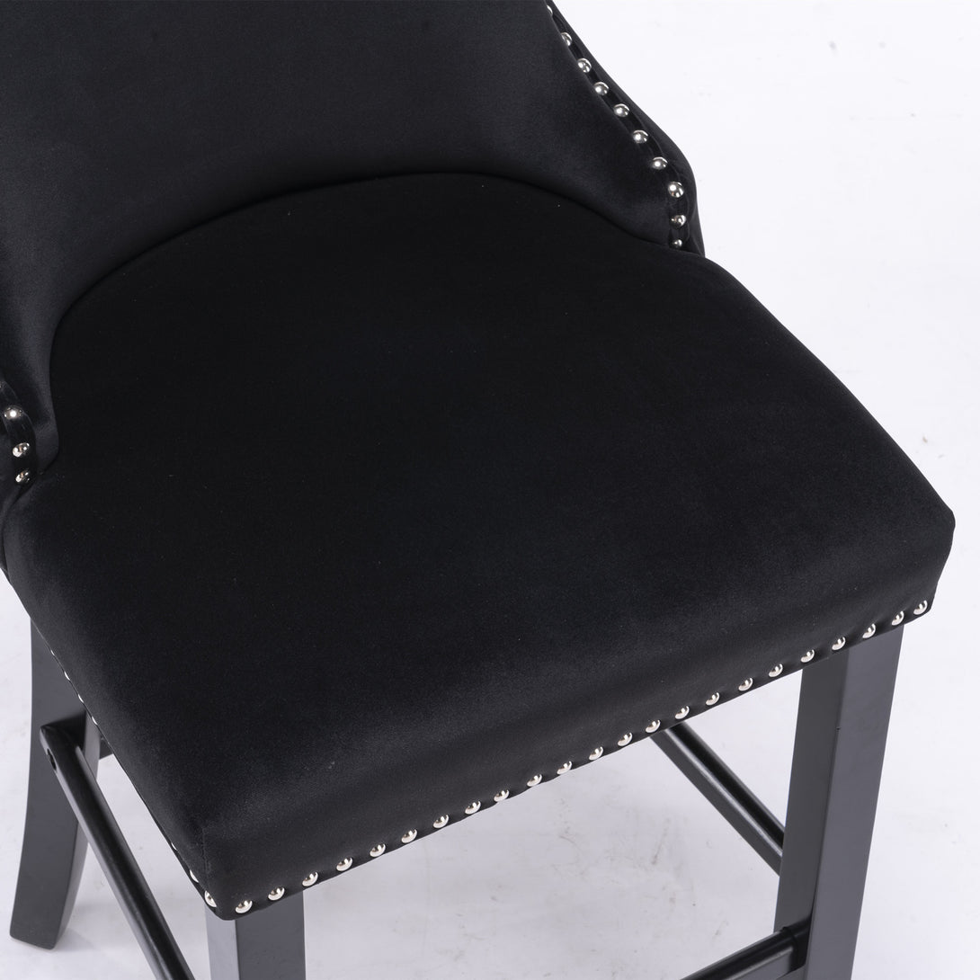 2pcs Chrome Accent Wingback Bar Stools Tufted Velvet with Nailhead and Black Legs- Black_7