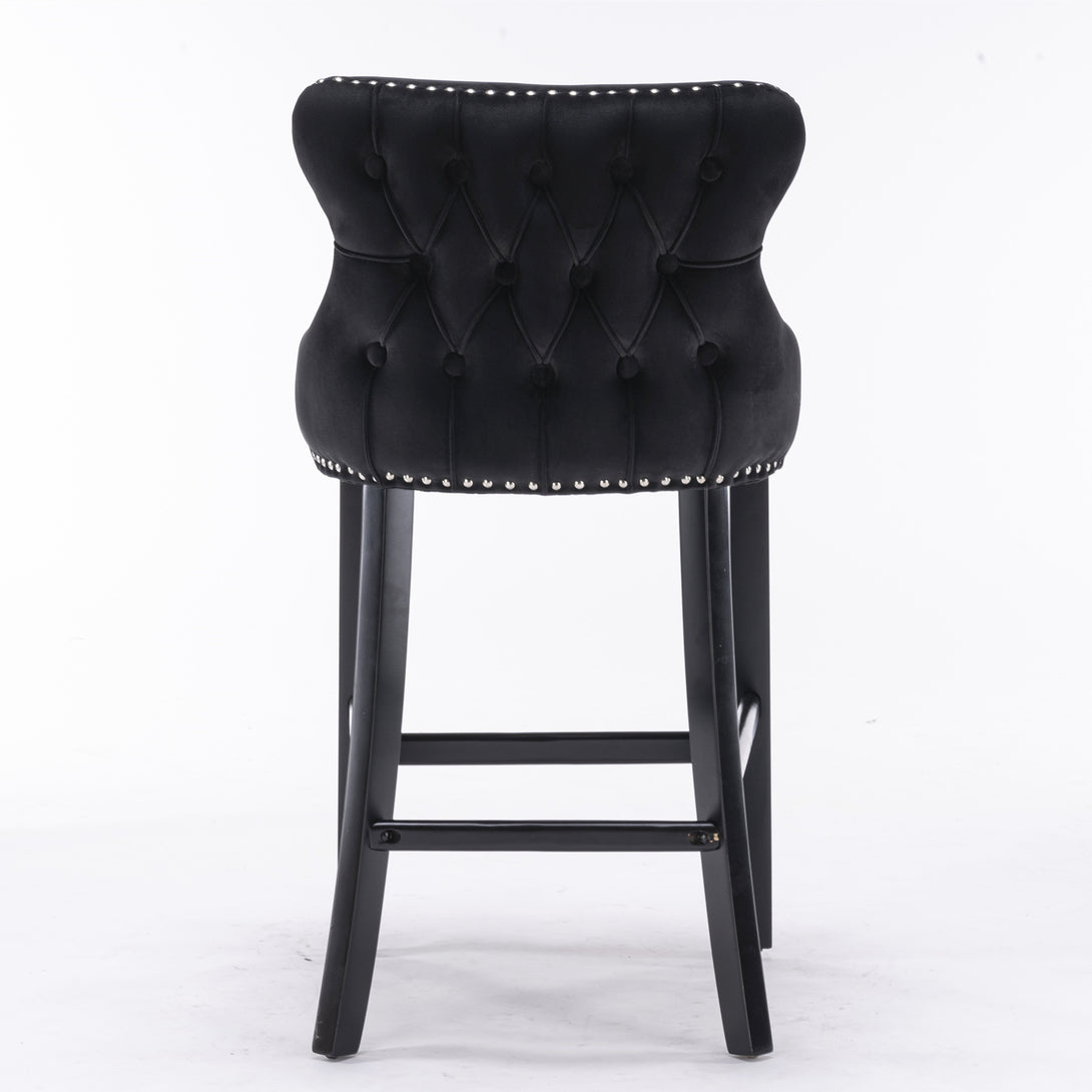 2pcs Chrome Accent Wingback Bar Stools Tufted Velvet with Nailhead and Black Legs- Black_6