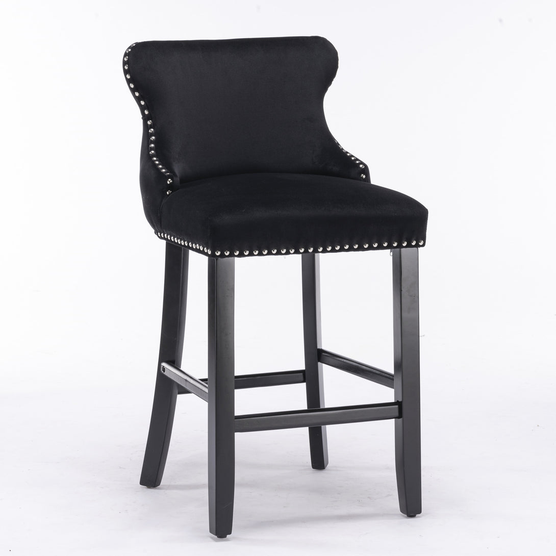 2pcs Chrome Accent Wingback Bar Stools Tufted Velvet with Nailhead and Black Legs- Black_3