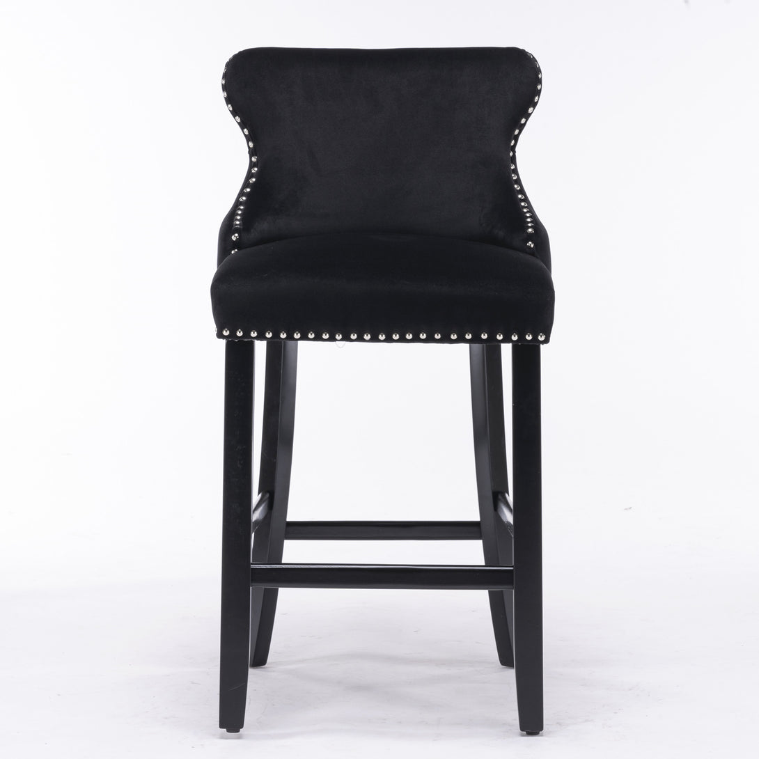 2pcs Chrome Accent Wingback Bar Stools Tufted Velvet with Nailhead and Black Legs- Black_2