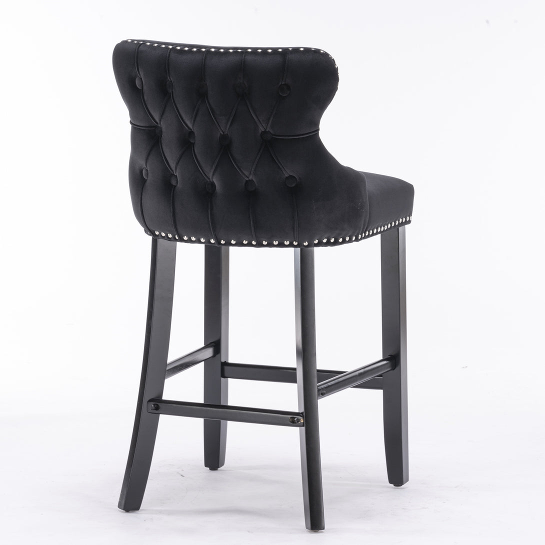 2pcs Chrome Accent Wingback Bar Stools Tufted Velvet with Nailhead and Black Legs- Black_5