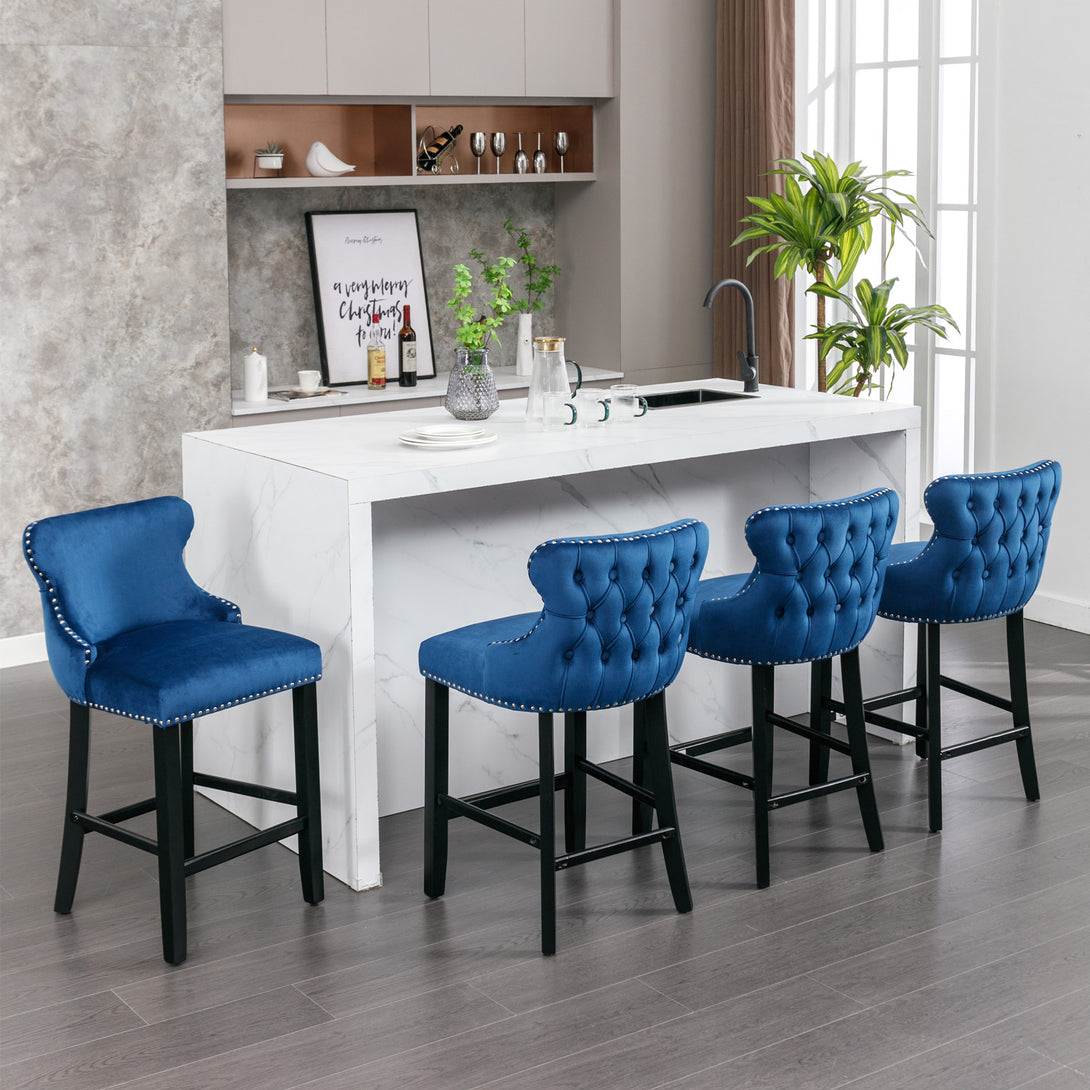 2pcs Chrome Accent Wingback Bar Stools Tufted Velvet with Nailhead and Black Legs- Blue_15