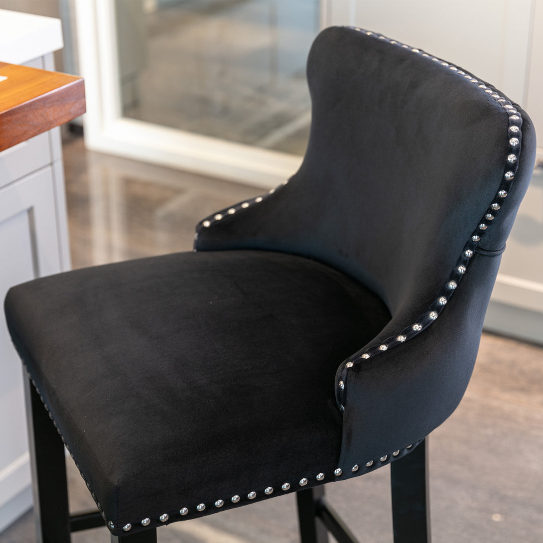 2pcs Chrome Accent Wingback Bar Stools Tufted Velvet with Nailhead and Black Legs- Black_12