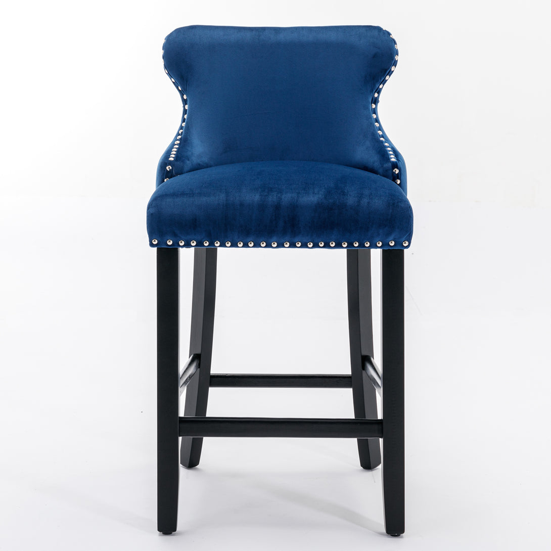 2pcs Chrome Accent Wingback Bar Stools Tufted Velvet with Nailhead and Black Legs- Blue_2