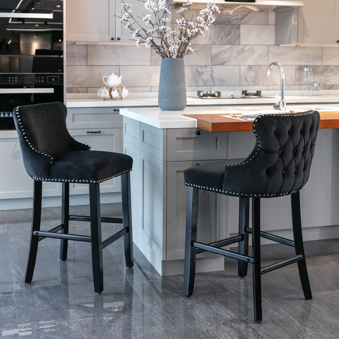 2pcs Chrome Accent Wingback Bar Stools Tufted Velvet with Nailhead and Black Legs- Black_14