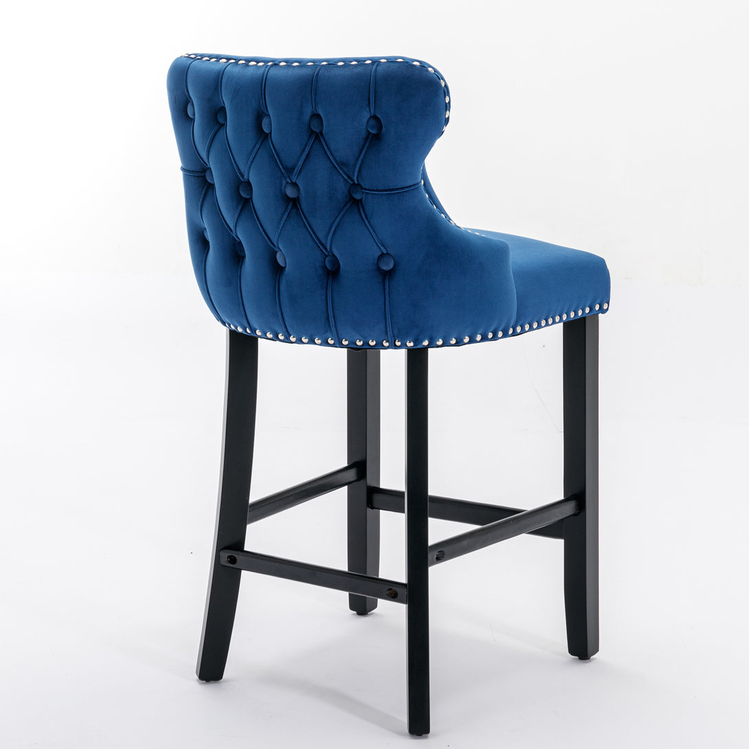 2pcs Chrome Accent Wingback Bar Stools Tufted Velvet with Nailhead and Black Legs- Blue_5