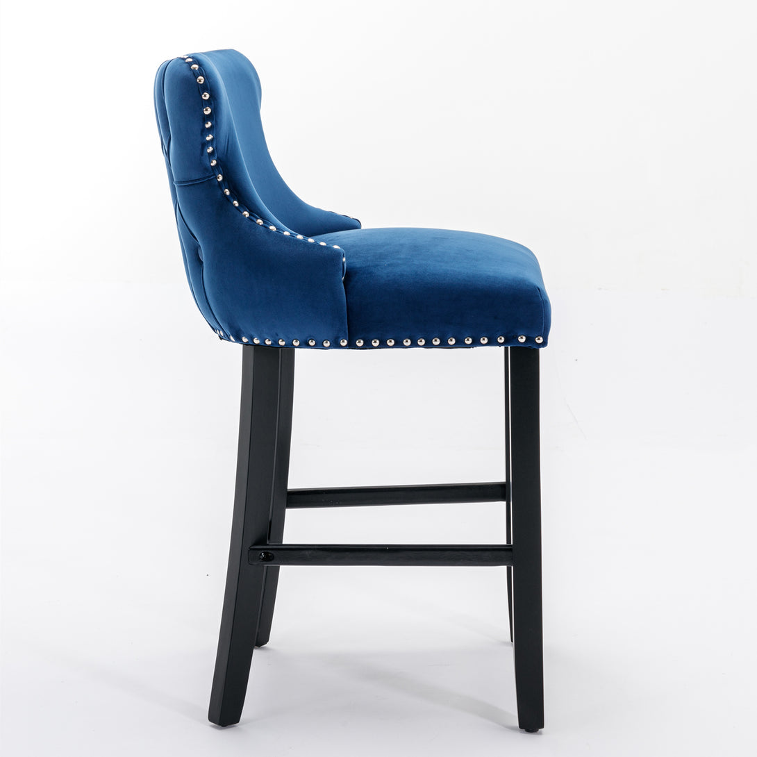 2pcs Chrome Accent Wingback Bar Stools Tufted Velvet with Nailhead and Black Legs- Blue_4