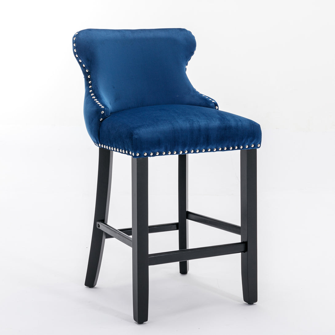 2pcs Chrome Accent Wingback Bar Stools Tufted Velvet with Nailhead and Black Legs- Blue_3