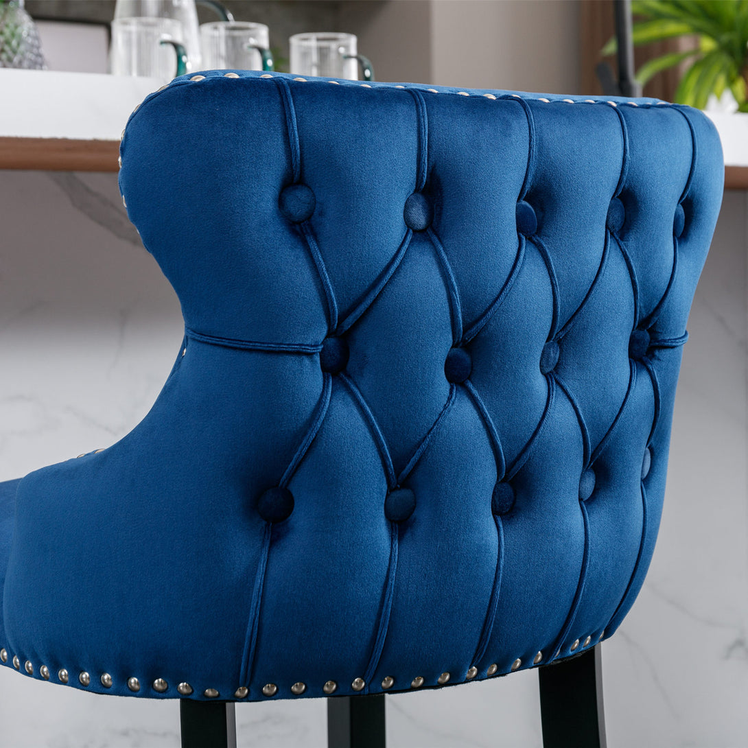 2pcs Chrome Accent Wingback Bar Stools Tufted Velvet with Nailhead and Black Legs- Blue_9