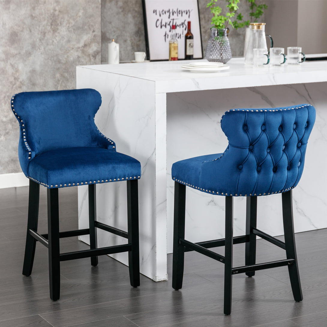 2pcs Chrome Accent Wingback Bar Stools Tufted Velvet with Nailhead and Black Legs- Blue_1