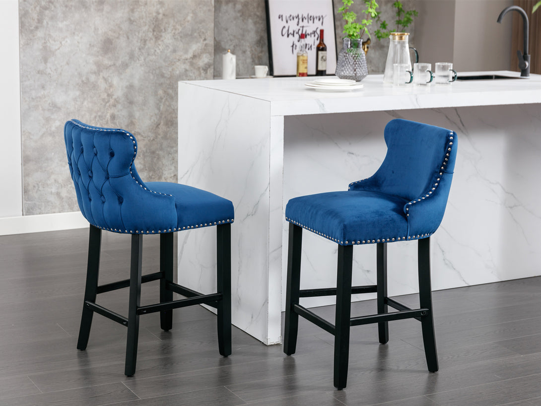 2pcs Chrome Accent Wingback Bar Stools Tufted Velvet with Nailhead and Black Legs- Blue_14