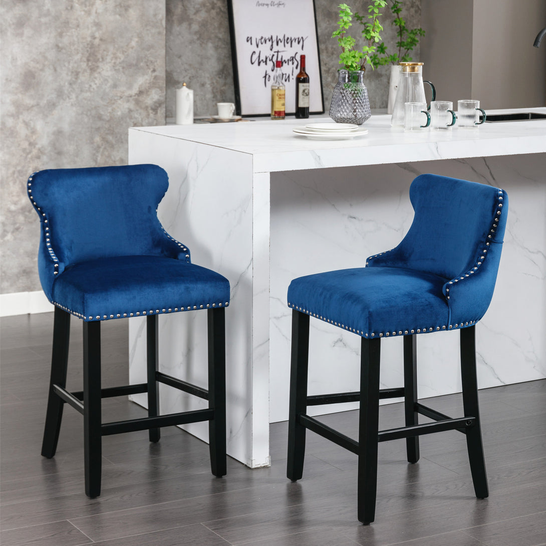 2pcs Chrome Accent Wingback Bar Stools Tufted Velvet with Nailhead and Black Legs- Blue_13