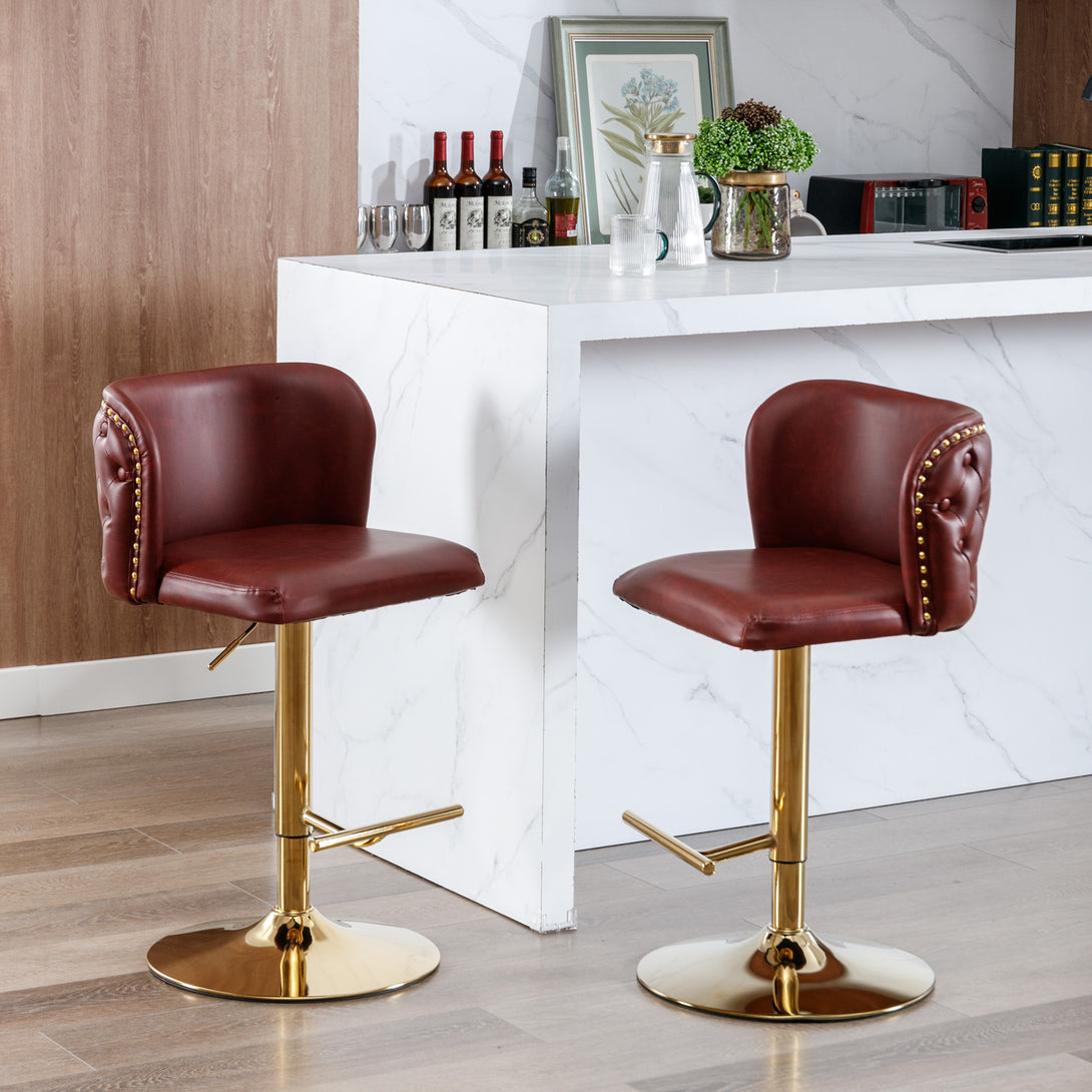 Set of 2 Gold Details Upholstered Whole Back Tufted PU Armless Bar Stools- Burgundy_17