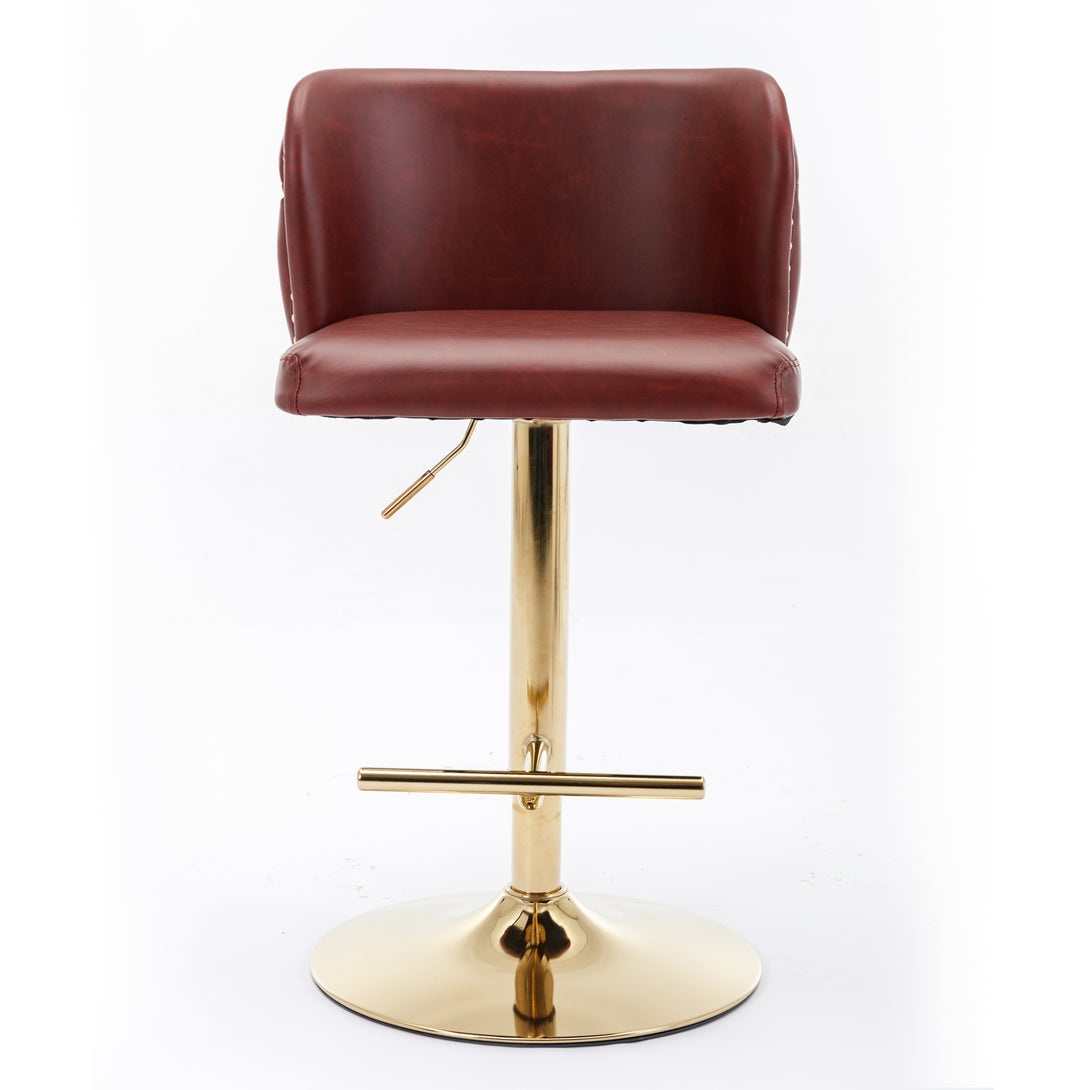 Set of 2 Gold Details Upholstered Whole Back Tufted PU Armless Bar Stools- Burgundy_2