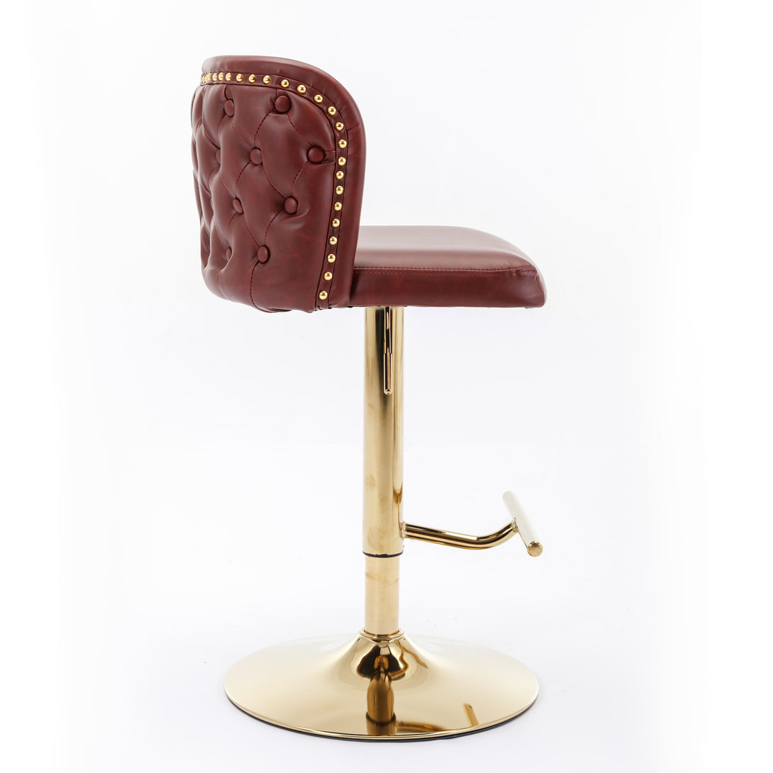 Set of 2 Gold Details Upholstered Whole Back Tufted PU Armless Bar Stools- Burgundy_4