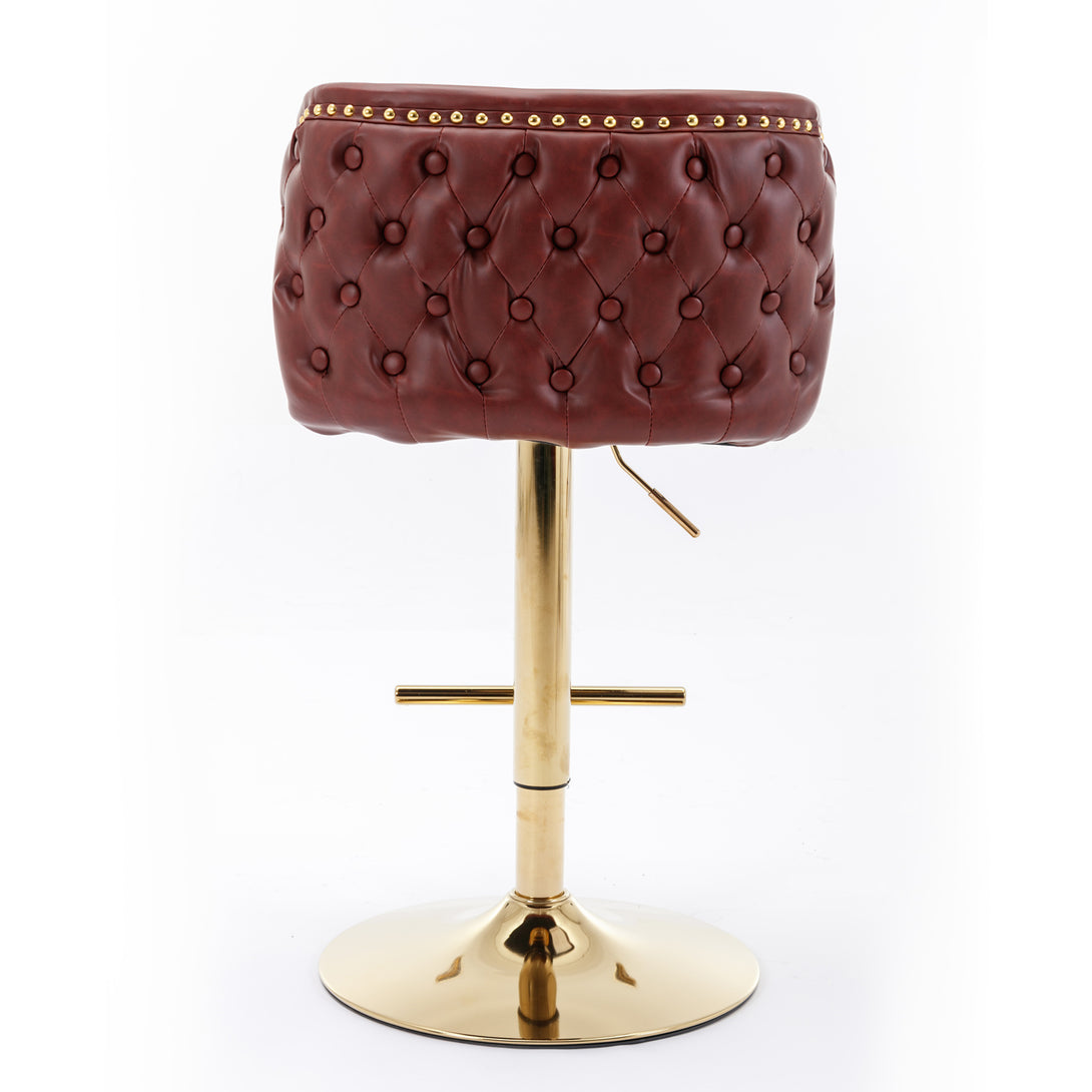 Set of 2 Gold Details Upholstered Whole Back Tufted PU Armless Bar Stools- Burgundy_6