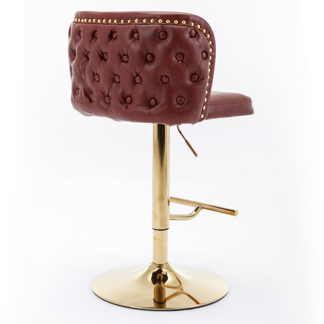 Set of 2 Gold Details Upholstered Whole Back Tufted PU Armless Bar Stools- Burgundy_5