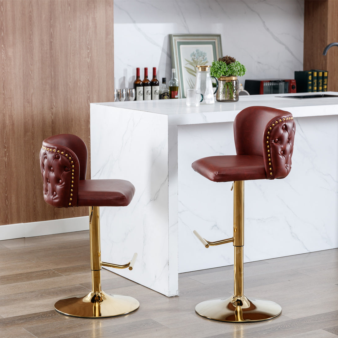 Set of 2 Gold Details Upholstered Whole Back Tufted PU Armless Bar Stools- Burgundy_16