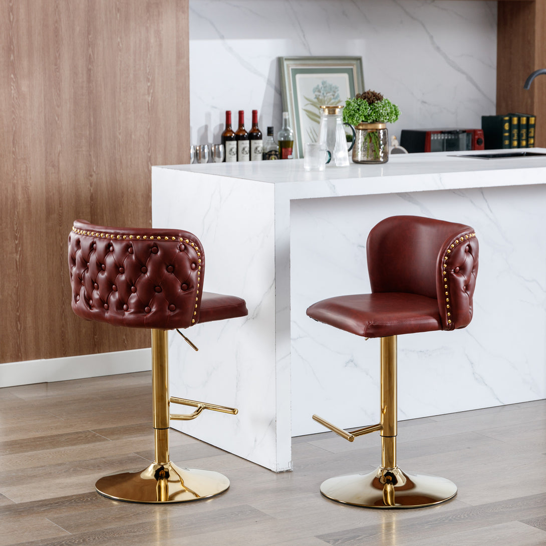 Set of 2 Gold Details Upholstered Whole Back Tufted PU Armless Bar Stools- Burgundy_0