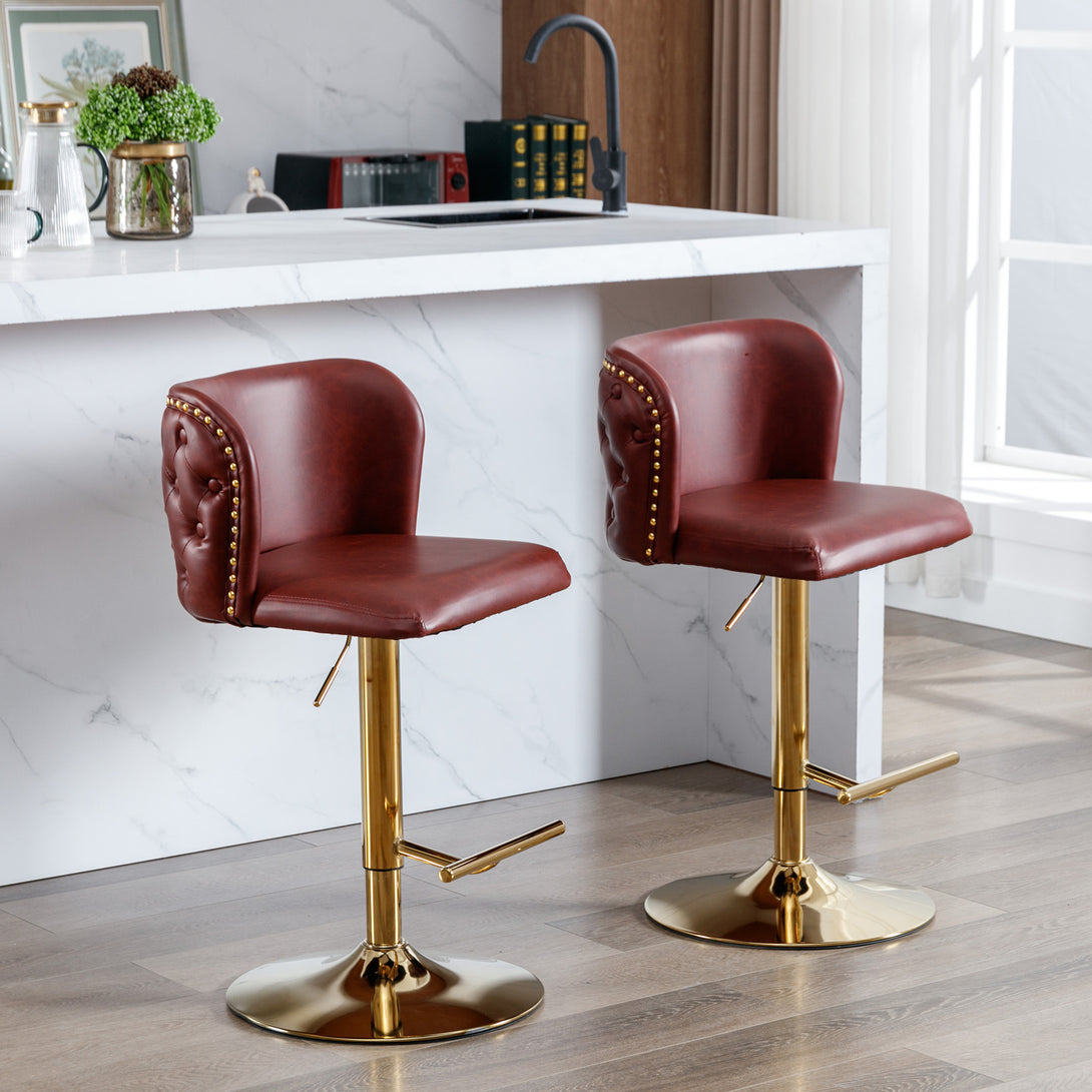 Set of 2 Gold Details Upholstered Whole Back Tufted PU Armless Bar Stools- Burgundy_15