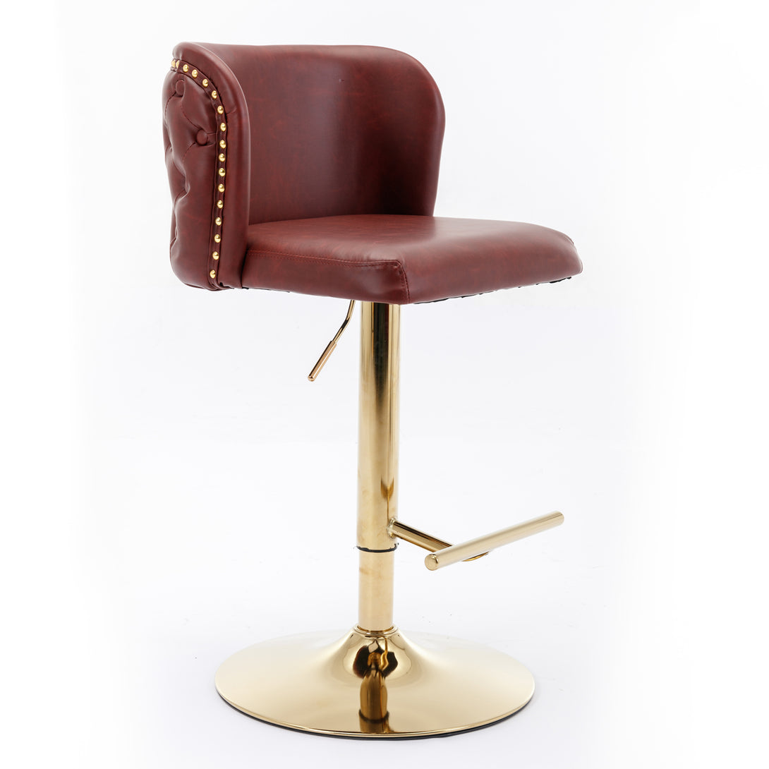 Set of 2 Gold Details Upholstered Whole Back Tufted PU Armless Bar Stools- Burgundy_3