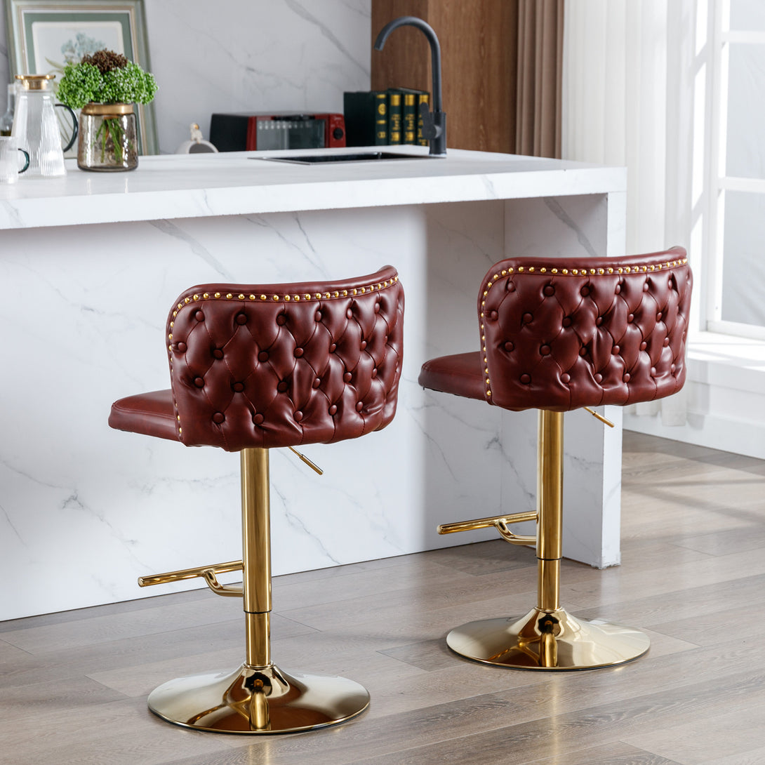 Set of 2 Gold Details Upholstered Whole Back Tufted PU Armless Bar Stools- Burgundy_18