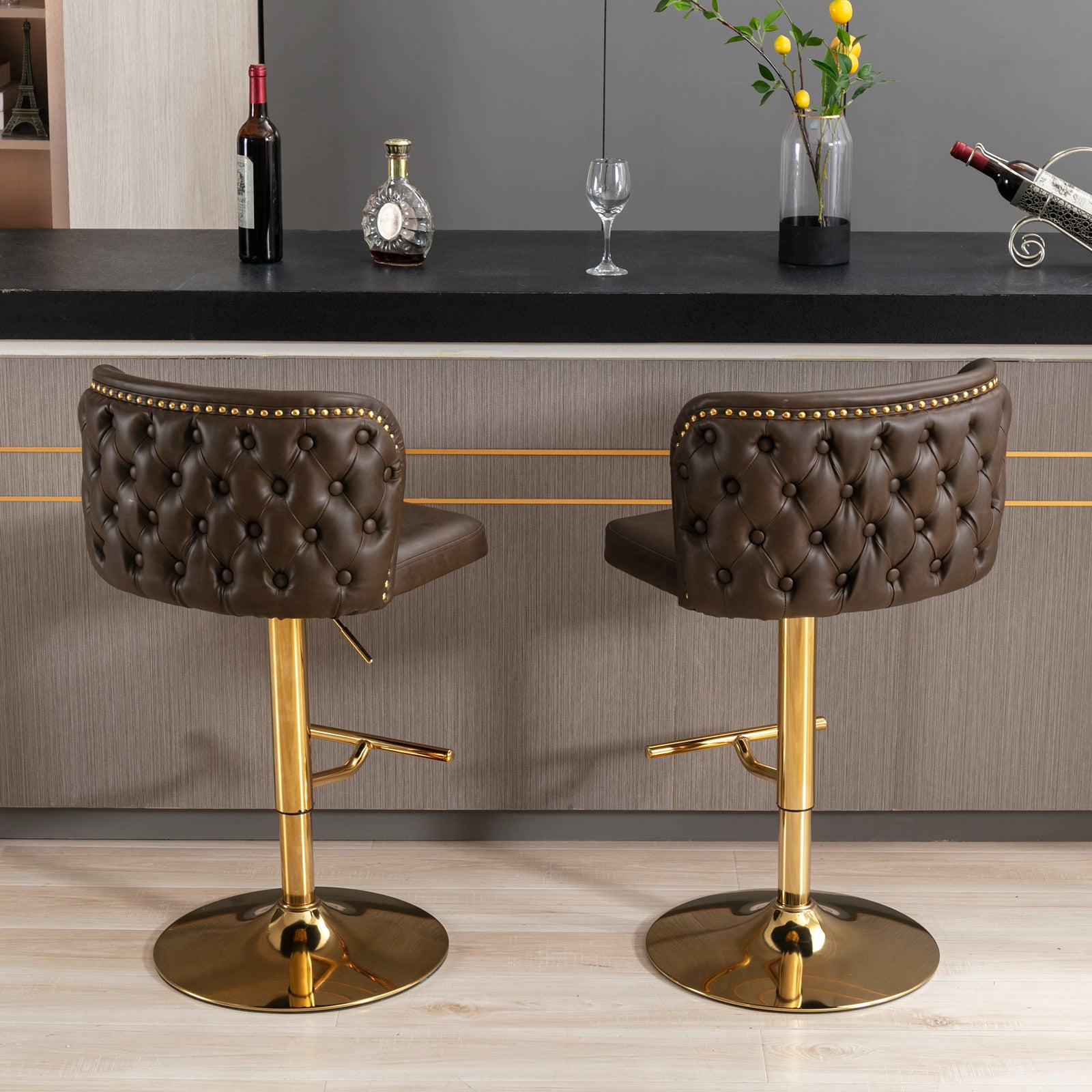 Set of 2 Gold Details Upholstered Whole Back Tufted PU Armless Bar Stools- Brown_18