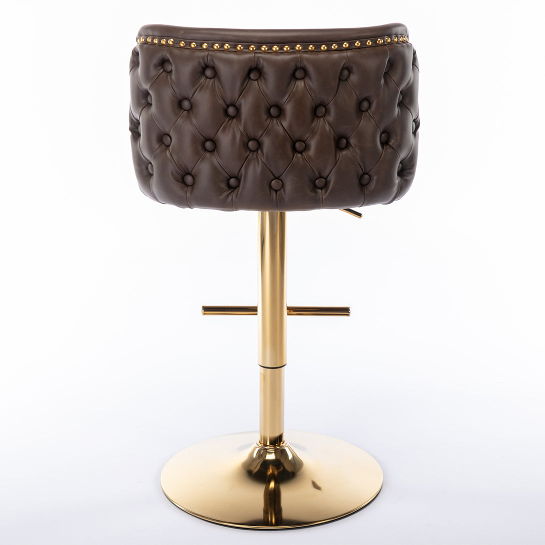 Set of 2 Gold Details Upholstered Whole Back Tufted PU Armless Bar Stools- Brown_6