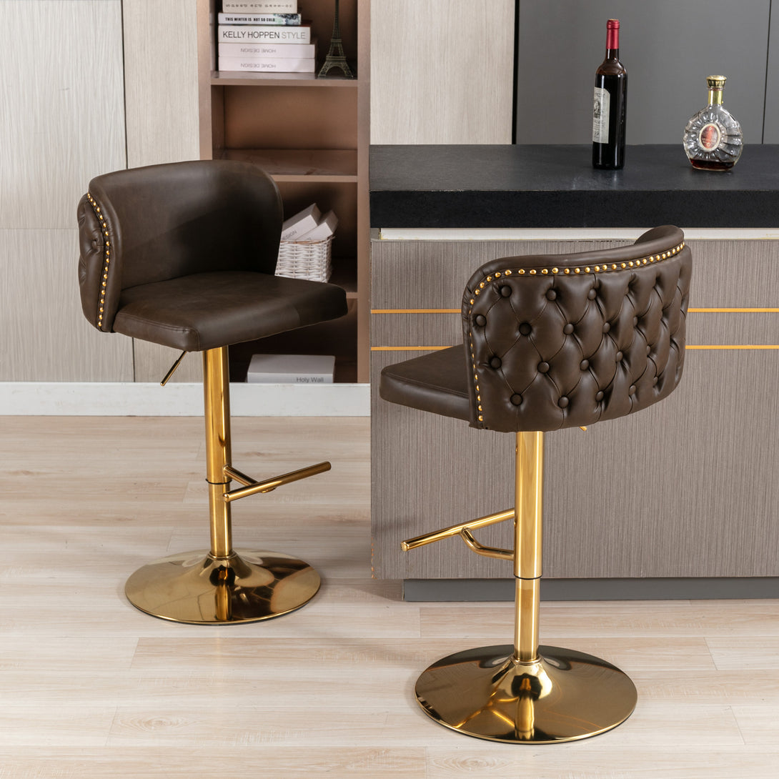 Set of 2 Gold Details Upholstered Whole Back Tufted PU Armless Bar Stools- Brown_0