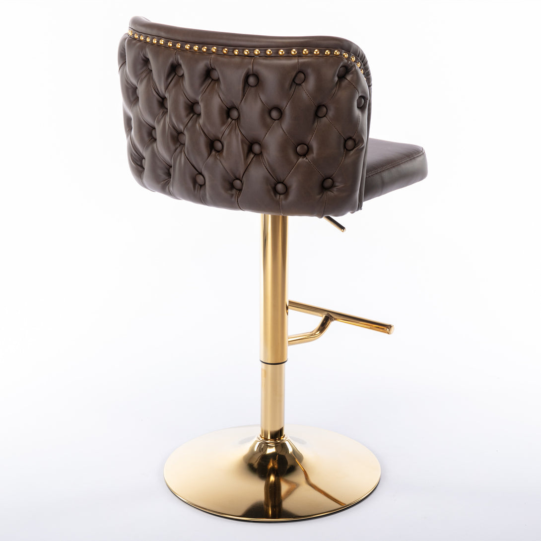 Set of 2 Gold Details Upholstered Whole Back Tufted PU Armless Bar Stools- Brown_5