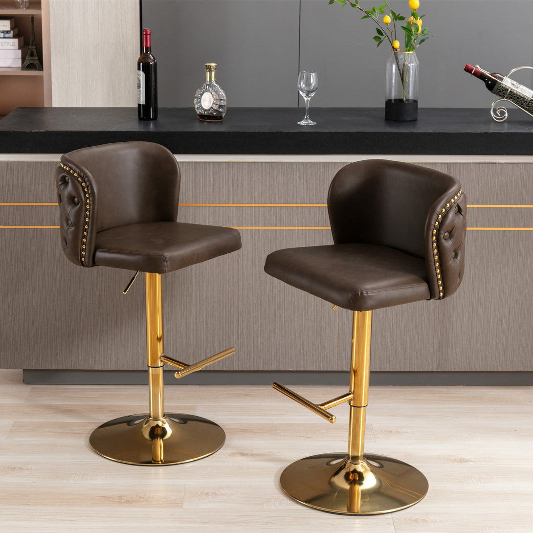 Set of 2 Gold Details Upholstered Whole Back Tufted PU Armless Bar Stools- Brown_16