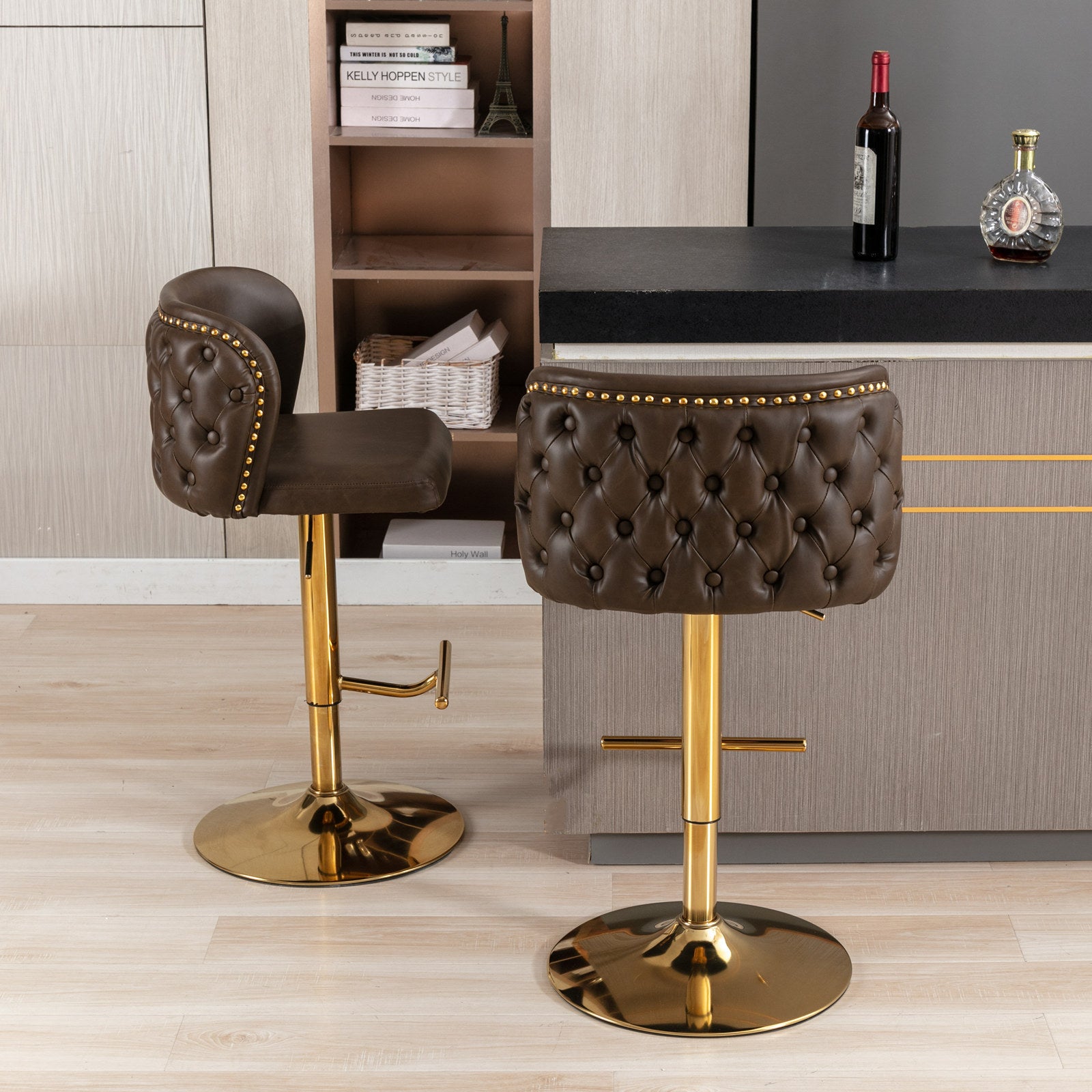 Set of 2 Gold Details Upholstered Whole Back Tufted PU Armless Bar Stools- Brown_17