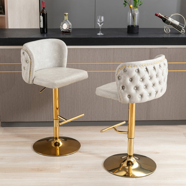 Set of 2 Gold Details Upholstered Whole Back Tufted PU Armless Bar Stools- Beige_0