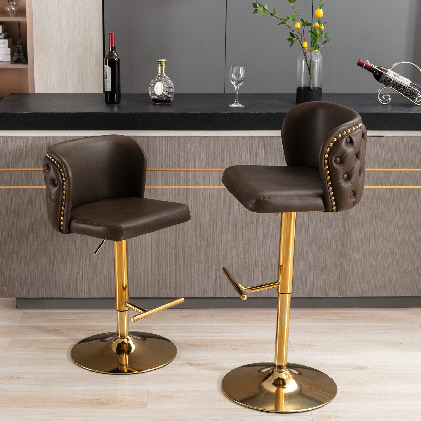 Set of 2 Gold Details Upholstered Whole Back Tufted PU Armless Bar Stools- Brown_15