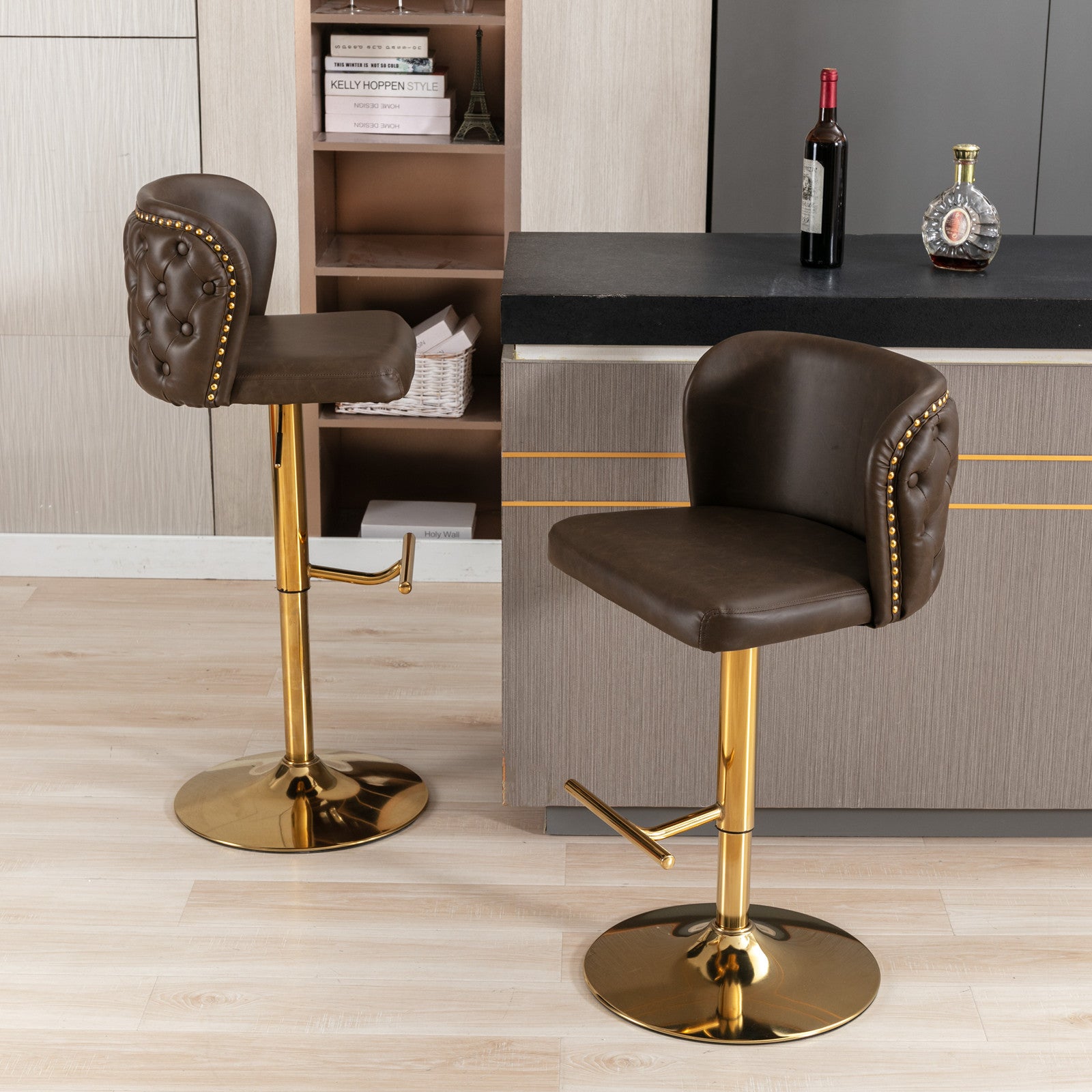 Set of 2 Gold Details Upholstered Whole Back Tufted PU Armless Bar Stools- Brown_14