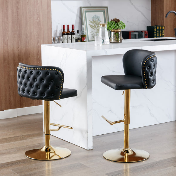 Set of 2 Gold Details Upholstered Whole Back Tufted PU Armless Bar Stools- Black_0