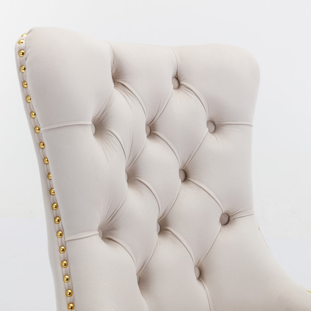 2 pcs High-End Tufted Contemporary Velvet Chair with Stainless Golden Legs- Beige_7