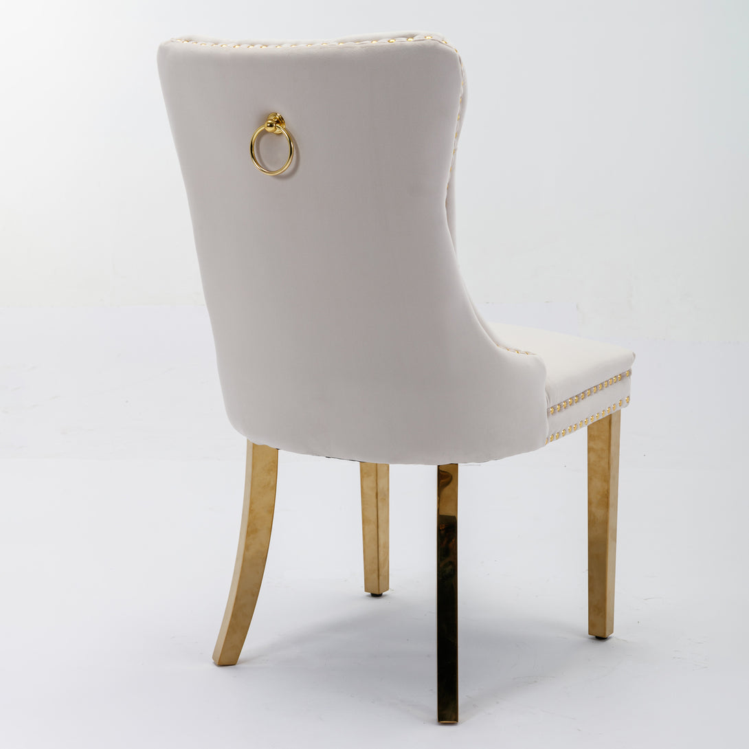 2 pcs High-End Tufted Contemporary Velvet Chair with Stainless Golden Legs- Beige_5