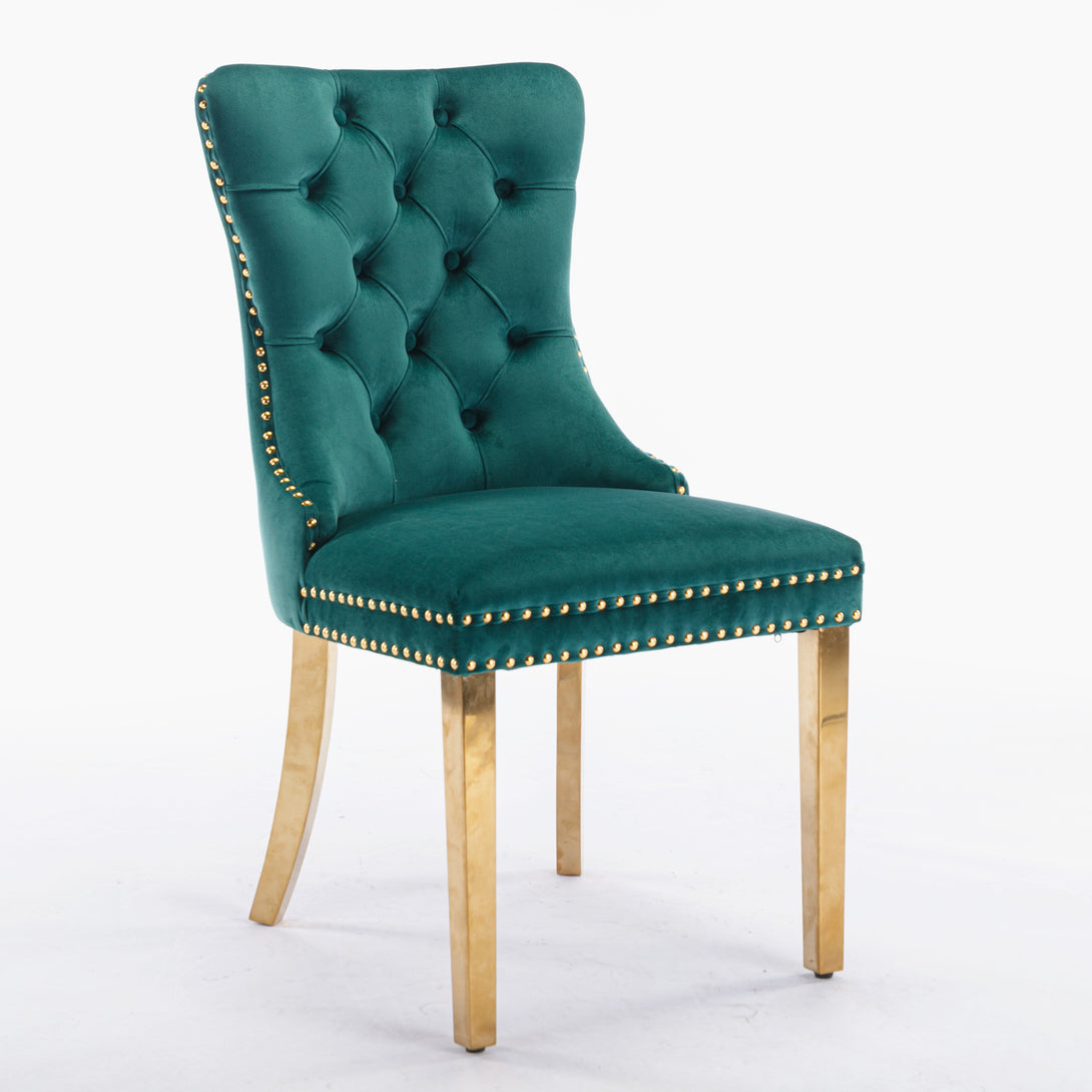 2 pcs High-End Tufted Contemporary Velvet Chair with Stainless Golden Legs- Green_3