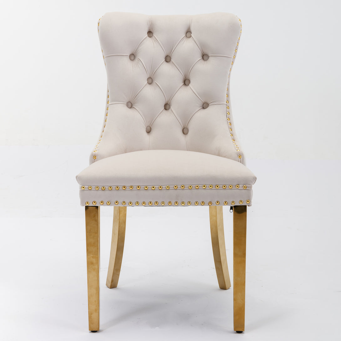 2 pcs High-End Tufted Contemporary Velvet Chair with Stainless Golden Legs- Beige_2