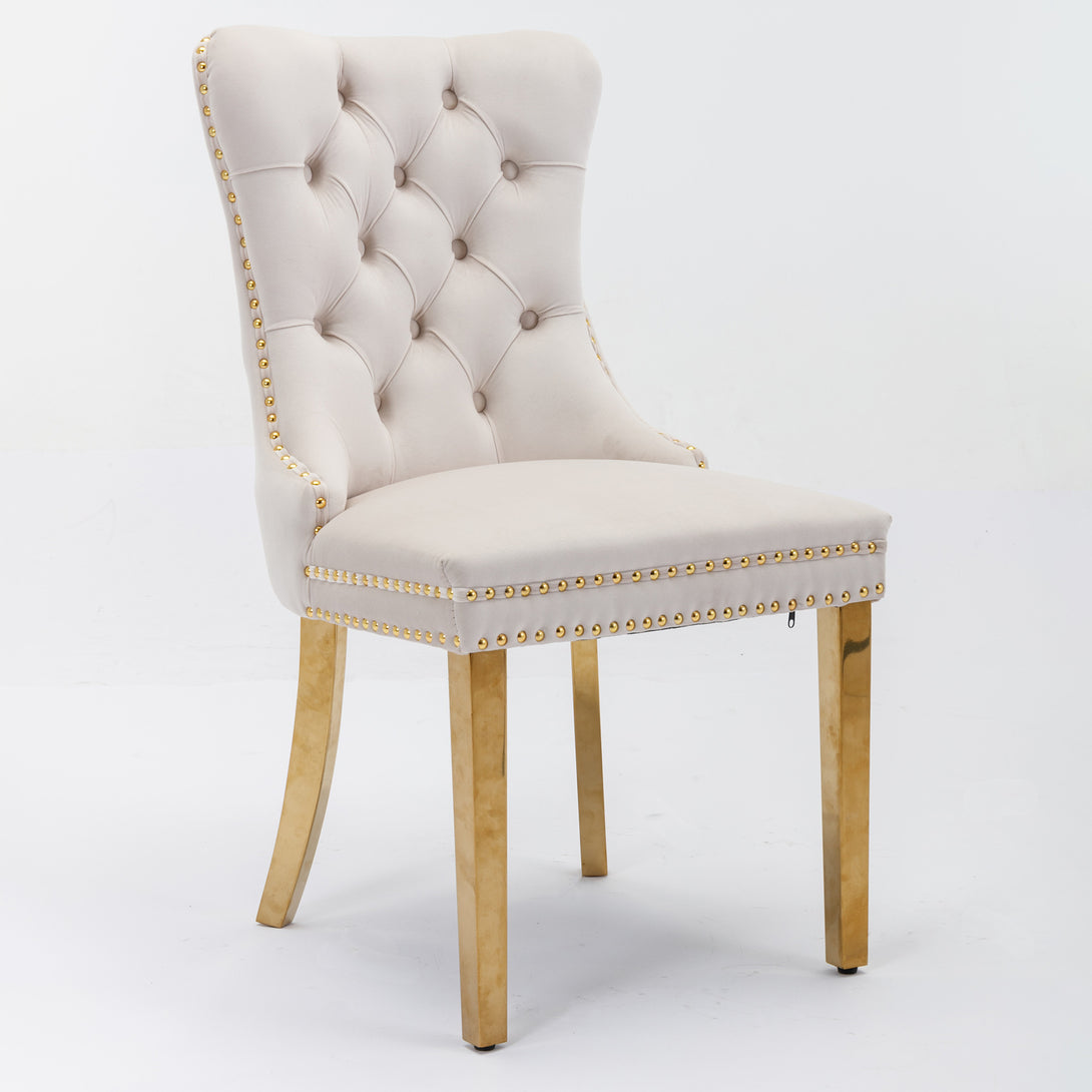 2 pcs High-End Tufted Contemporary Velvet Chair with Stainless Golden Legs- Beige_3