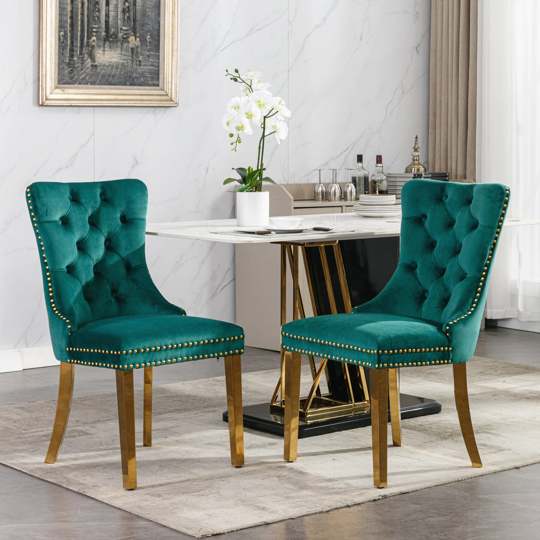 2 pcs High-End Tufted Contemporary Velvet Chair with Stainless Golden Legs- Green_1