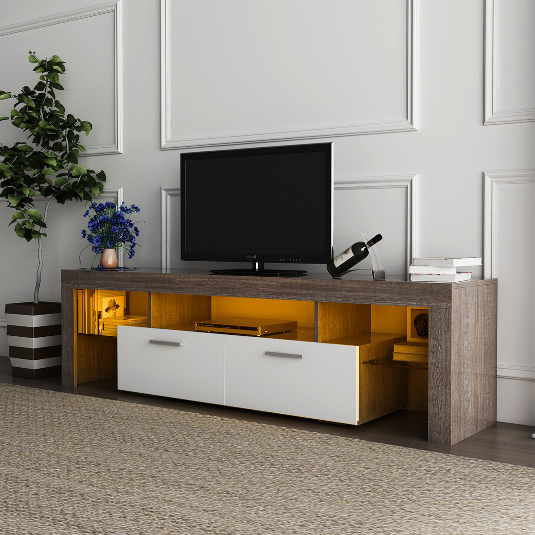 Quick Assembly Modern Television Stand with 16 Colors Remote Controlled LED Light- Brown+White_4