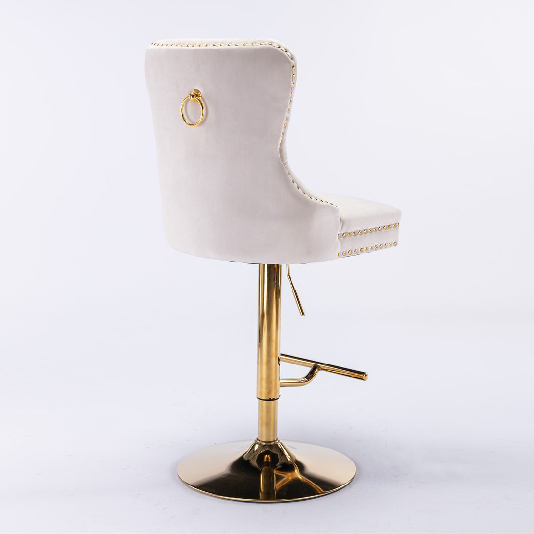 Set of 2 Height Adjustable Upholstered Tufted Velvet Armless Bar Stools with Gold Details- Beige_5