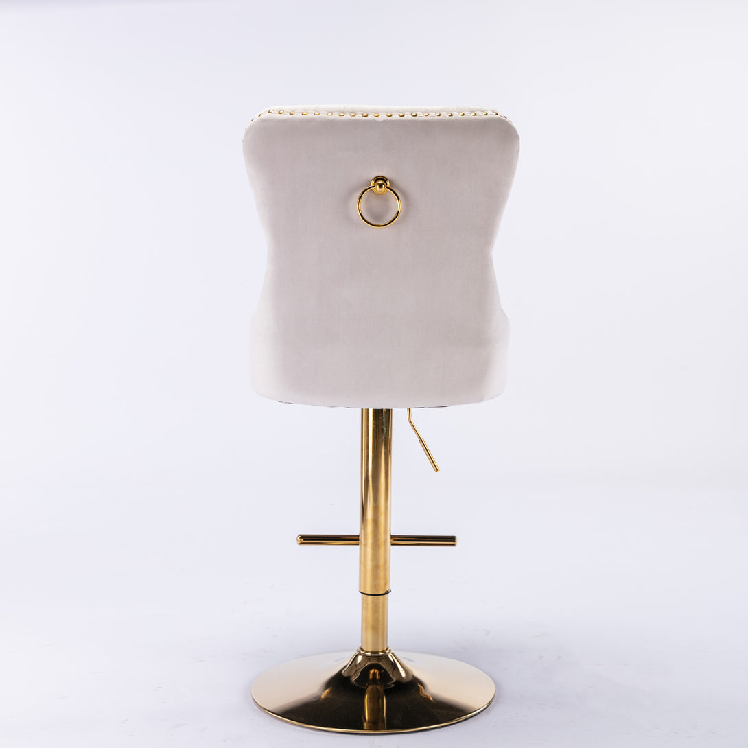 Set of 2 Height Adjustable Upholstered Tufted Velvet Armless Bar Stools with Gold Details- Beige_6