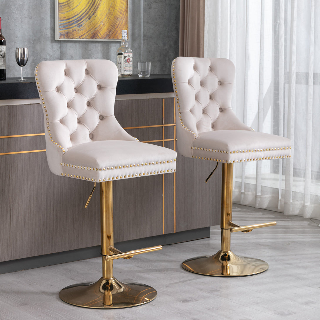 Set of 2 Height Adjustable Upholstered Tufted Velvet Armless Bar Stools with Gold Details- Beige_0